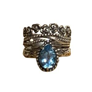 OR PZ Israel Ring Size 8 Sterling Silver & Blue Topaz Wide Multi Layered Floral